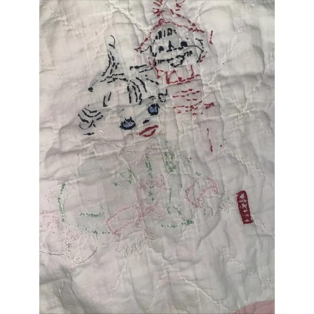 Vintage Patchwork Hand Quilted Embroidered Baby Girl Cotton Blanket Quilt 44” SQ